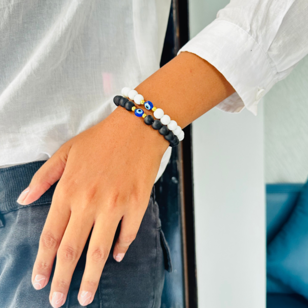 Matt Black & White Couple Bracelet With Evil Eye