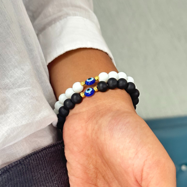 Matt Black & White Couple Bracelet With Evil Eye